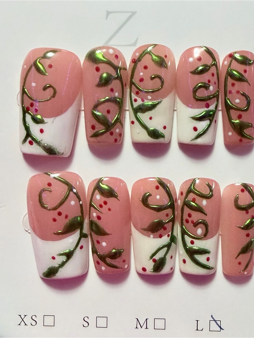 Pink and White Press-On Nails with Green Vine Detail